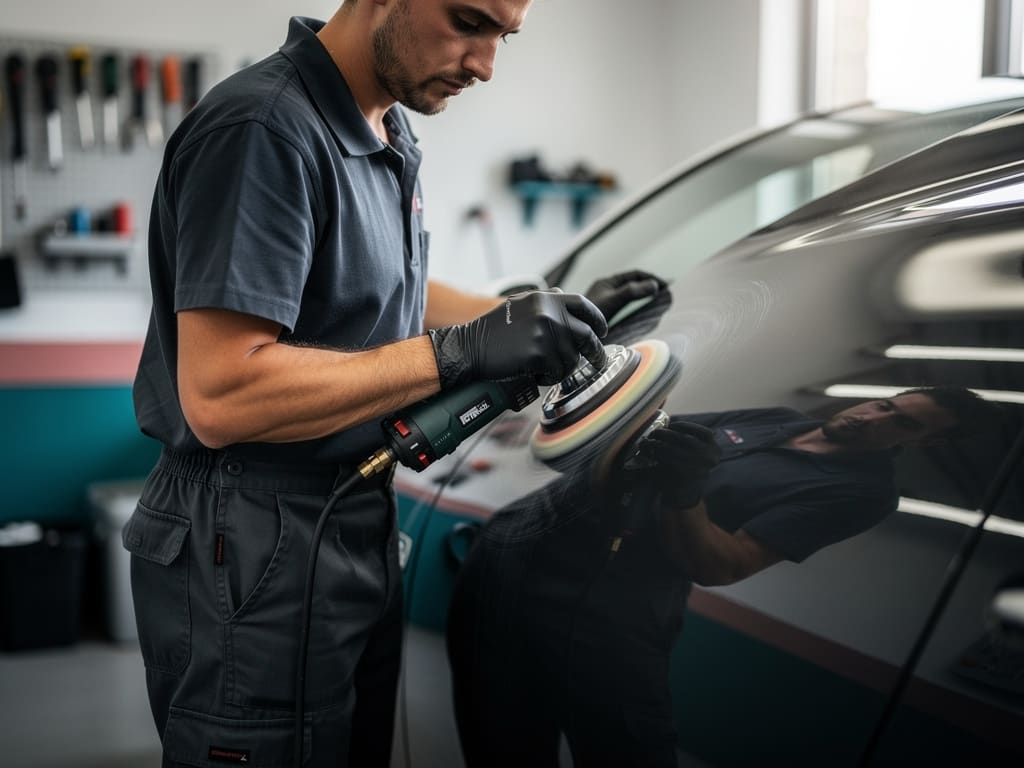 Tecnico durante la lucidatura controllata della carrozzeria
